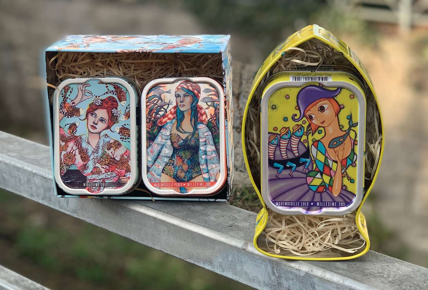 Illustrierte Sardinendosen in einer Geschenkbox und einer kleinen Bootsverpackung